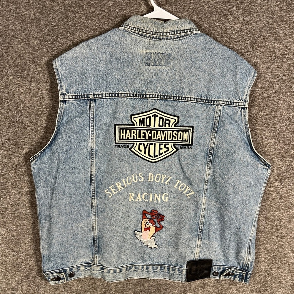 Vintage Harley Davidson TAZMANIAN‎ DEVIL Denim Vest Serious Boyz Toyz Racing XL